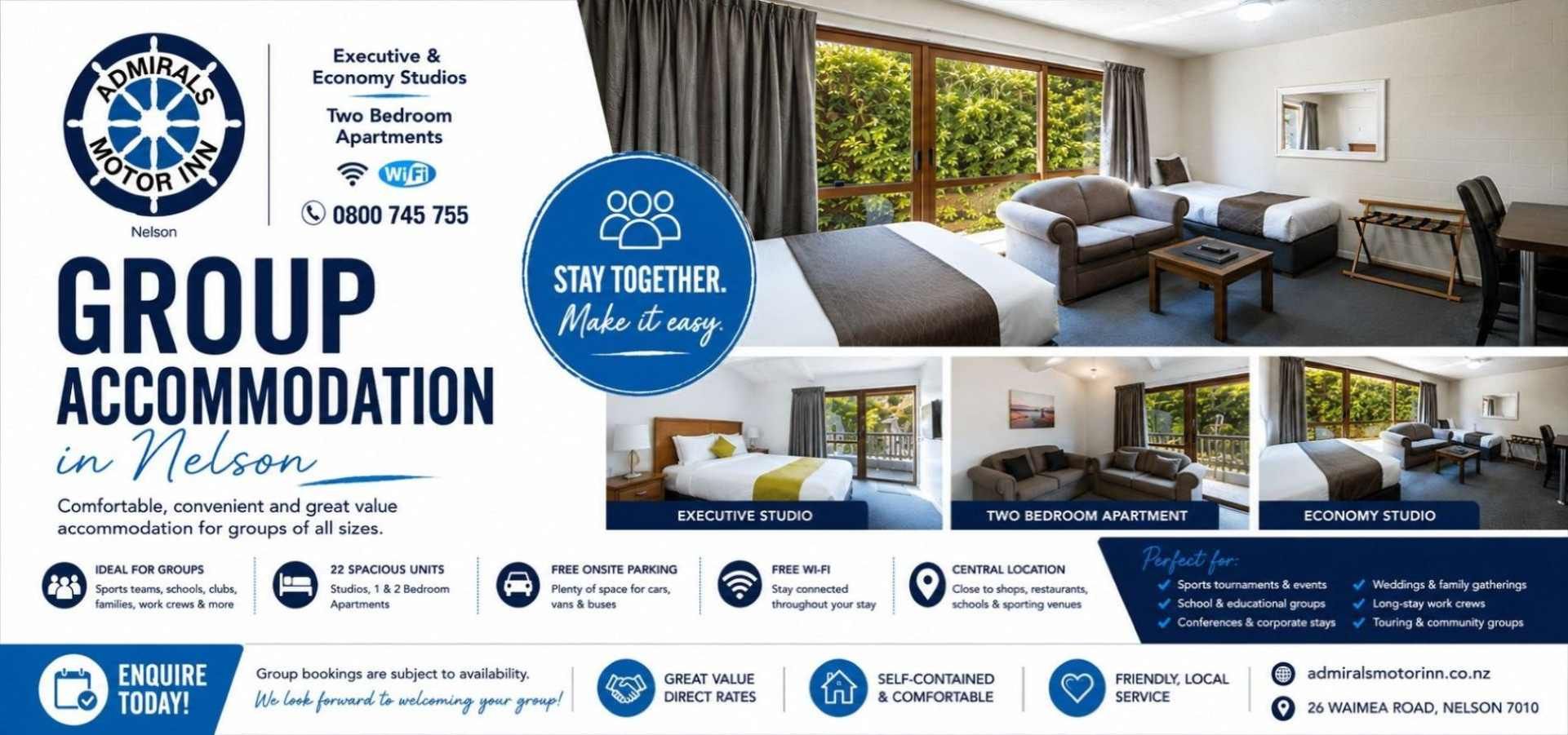 group accommodation Admirals Motor Inn Nelson 